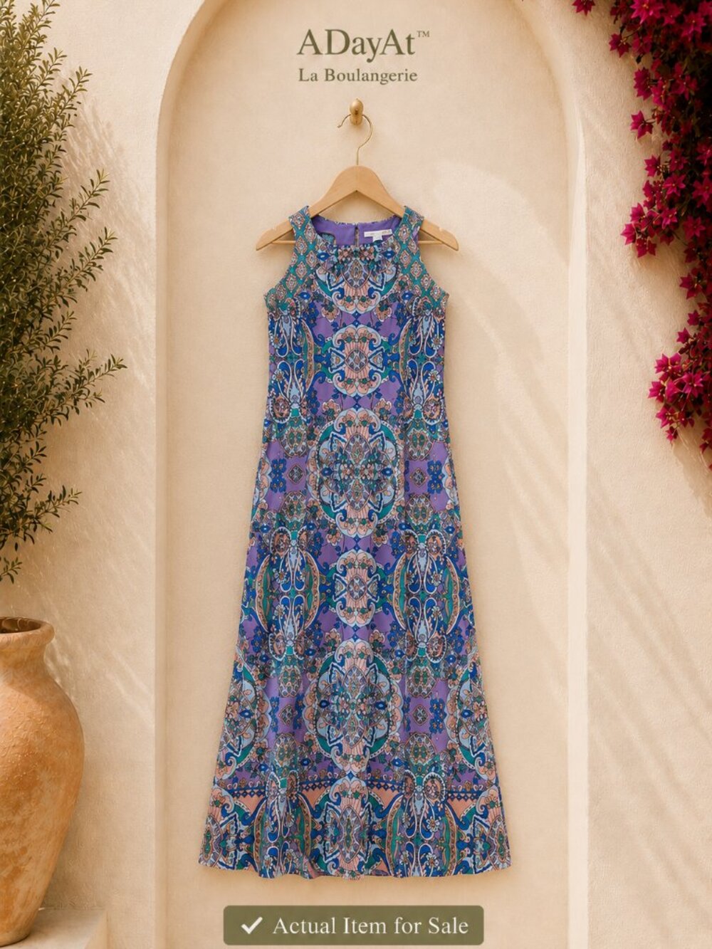 Mediterranean Flowy Paisley Resort Maxi Dress Coastal Travel Beach Blue 10